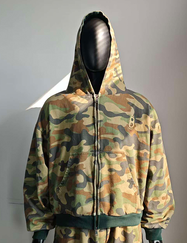 Custom Boxy vintage glidel&aring;sjakker Streetwear Cropped Heavyweight Oversized Produsenter Overall Print Camo Zip up hettegenser